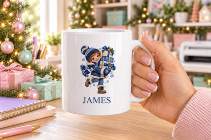 Personalised Boy with Presents Christmas mug – white mug with a custom name