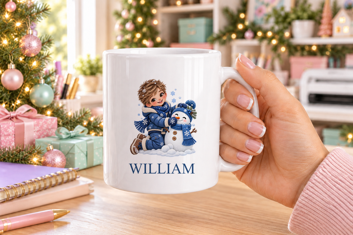 Personalised Boy Building Snowman Christmas mug – white mug with a custom name
