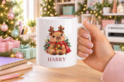 Personalised Capybara Reindeer Christmas mug – white mug with a custom name