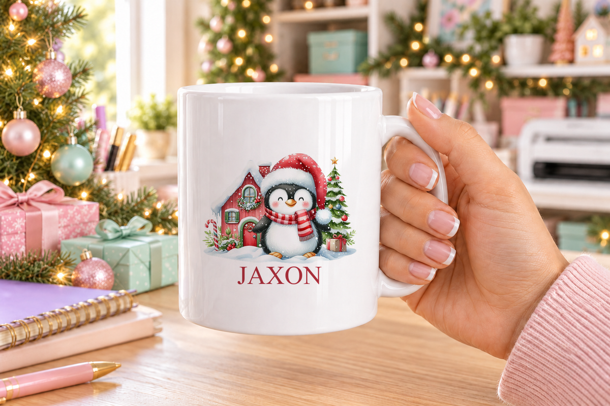 Personalised Santa Hat Penguin Christmas mug – white mug with a custom name