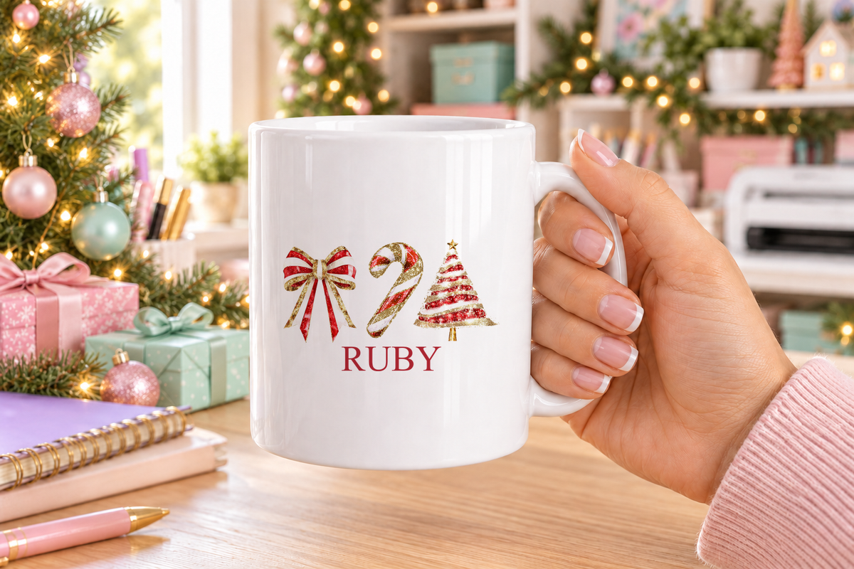 Personalised Bow, Candy Cane and Tree Christmas mug – white mug with a custom name