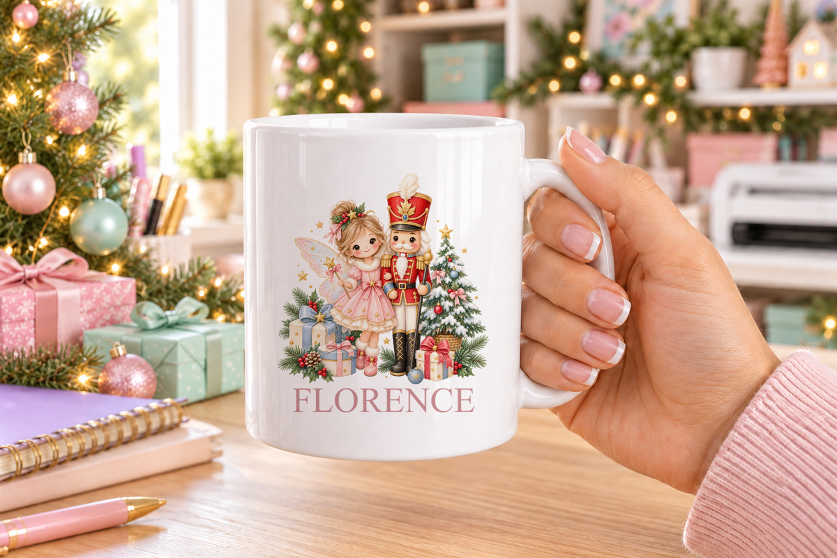 Personalised Fairy and Nutcracker Christmas mug – white mug with a custom name