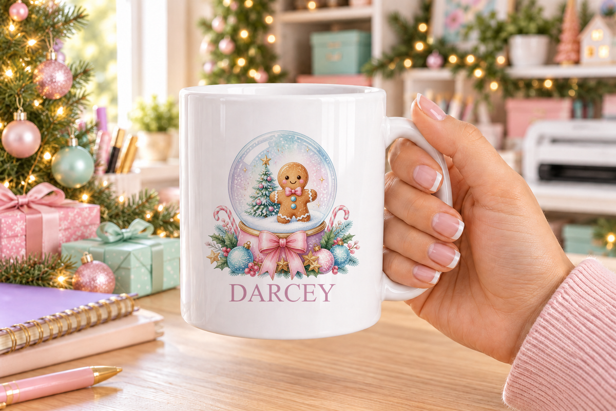Personalised Gingerbread Snow Globe Christmas mug – white mug with a custom name