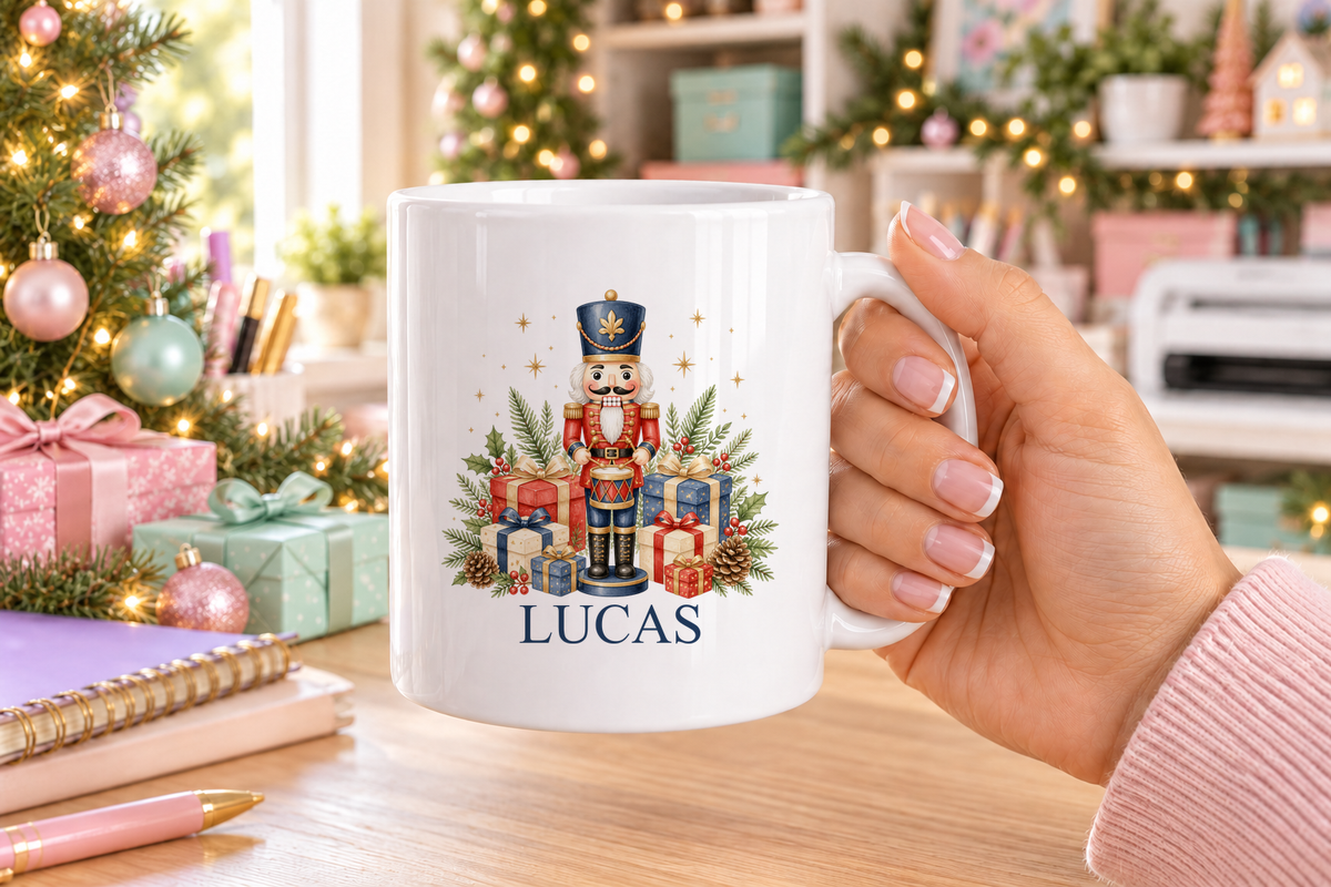 Personalised Nutcracker Drummer Christmas mug – white mug with a custom name