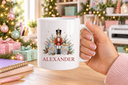 Personalised Nutcracker Soldier and Gifts Christmas mug – white mug with a custom name