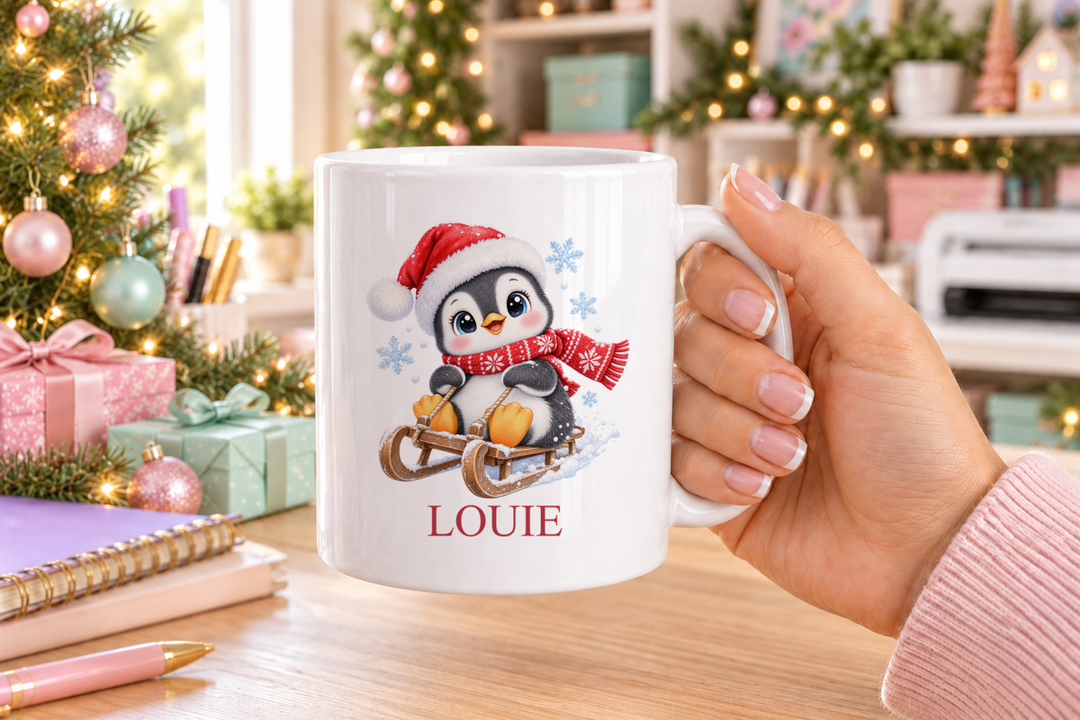 Personalised Sledging Penguin Christmas mug – white mug with a custom name