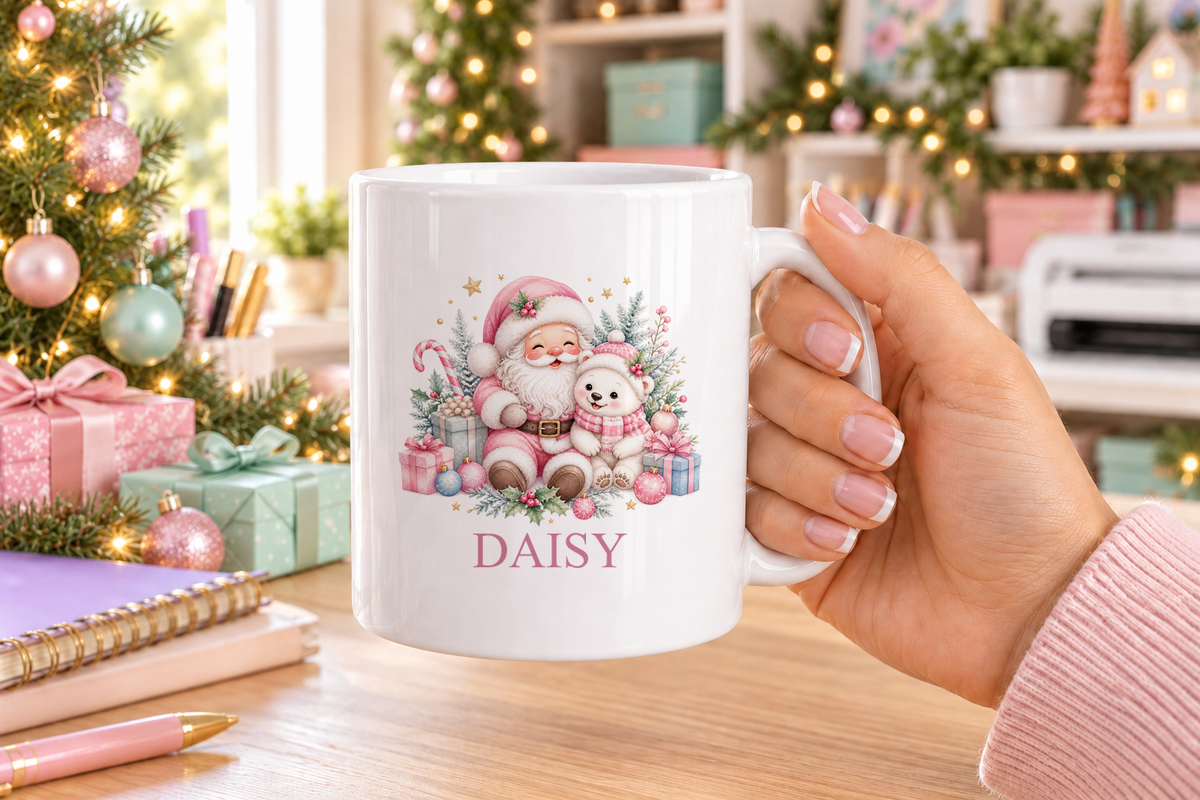 Personalised Pink Santa and Polar Bear Christmas mug – white mug with a custom name