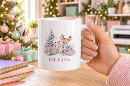 Personalised Polar Bear and Fawn Friends Christmas mug – white mug with a custom name