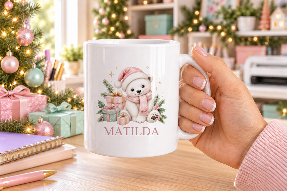 Personalised Polar Bear Cub Santa Hat Christmas mug – white mug with a custom name