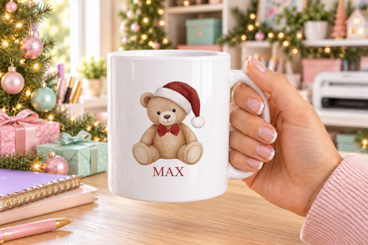 Personalised Classic Santa Hat Teddy Christmas mug – white mug with a custom name