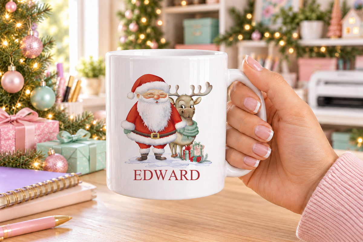 Personalised Santa and Reindeer Christmas mug – white mug with a custom name