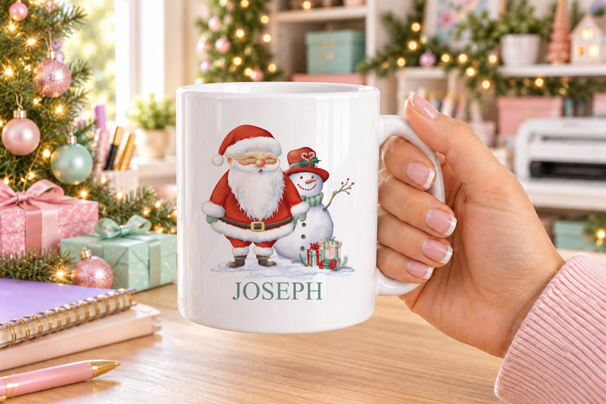 Personalised Santa and Snowman Christmas mug – white mug with a custom name