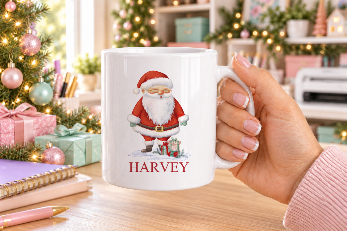 Personalised Santa with Gifts Christmas mug – white mug with a custom name