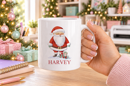 Personalised Santa with Gifts Christmas mug – white mug with a custom name