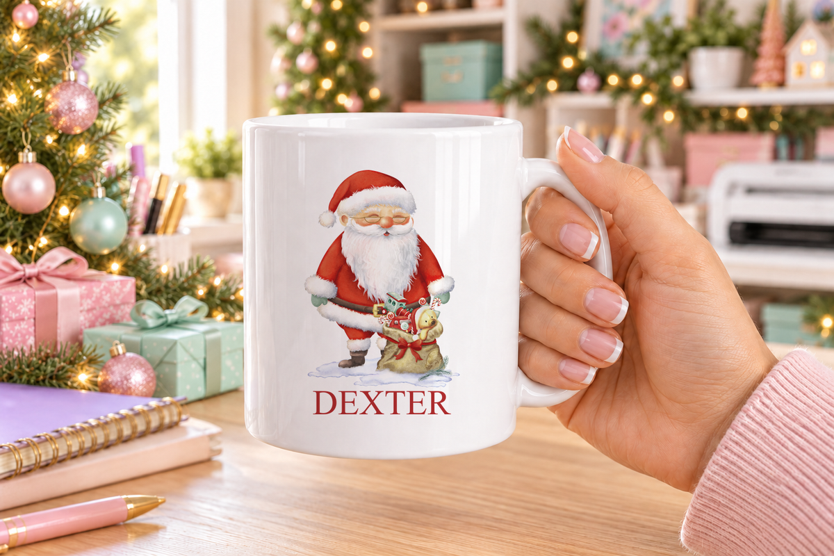 Personalised Santa and Toy Sack Christmas mug – white mug with a custom name