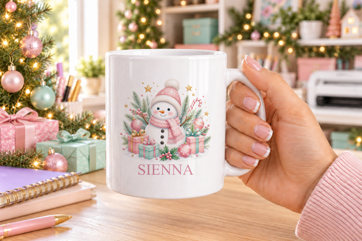 Personalised Pink Snowman Christmas mug – white mug with a custom name