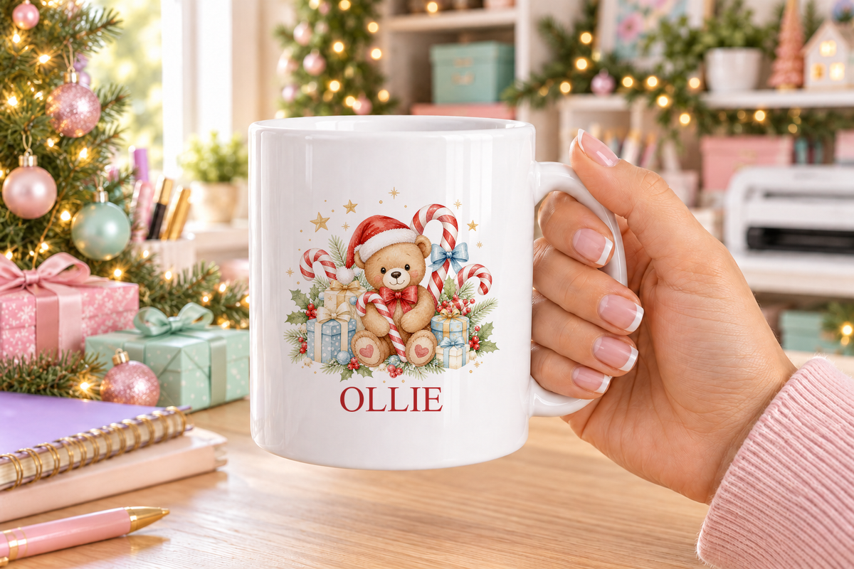 Personalised Candy Cane Teddy Christmas mug – white mug with a custom name