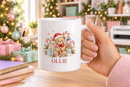 Personalised Candy Cane Teddy Christmas mug – white mug with a custom name