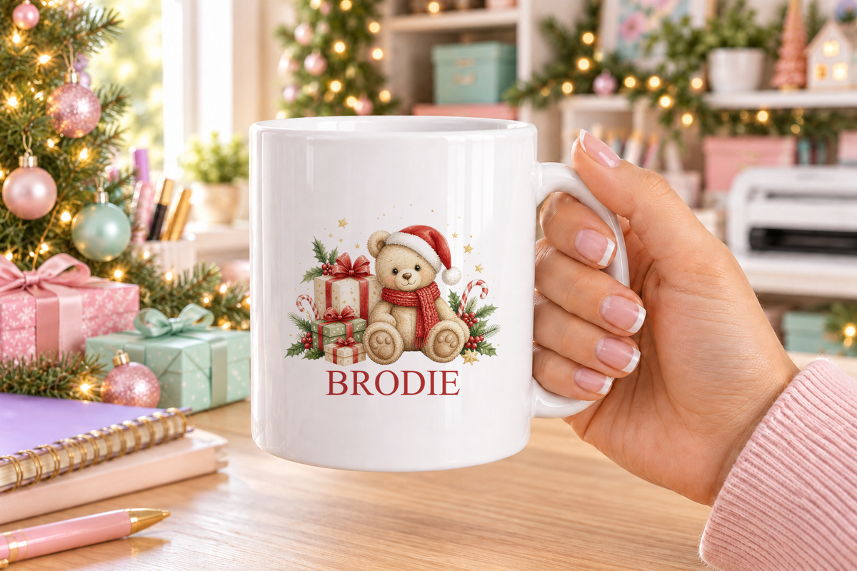 Personalised Cosy Scarf Teddy Christmas mug – white mug with a custom name