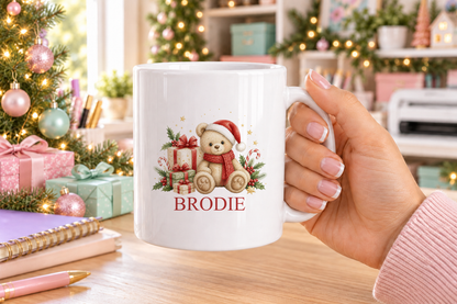 Personalised Cosy Scarf Teddy Christmas mug – white mug with a custom name