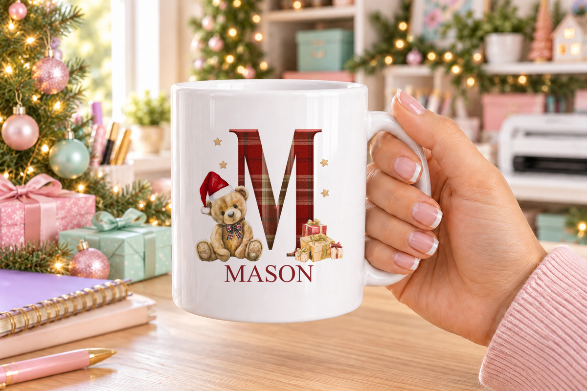 Personalised Tartan Initial Teddy Christmas mug – white mug with a custom name