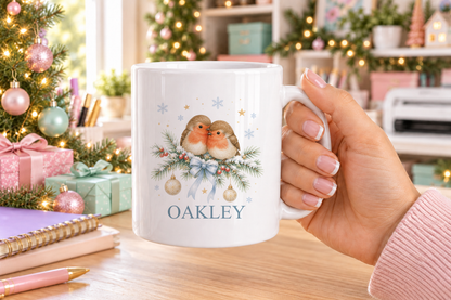 Personalised Two Robins Christmas mug – white mug with a custom name