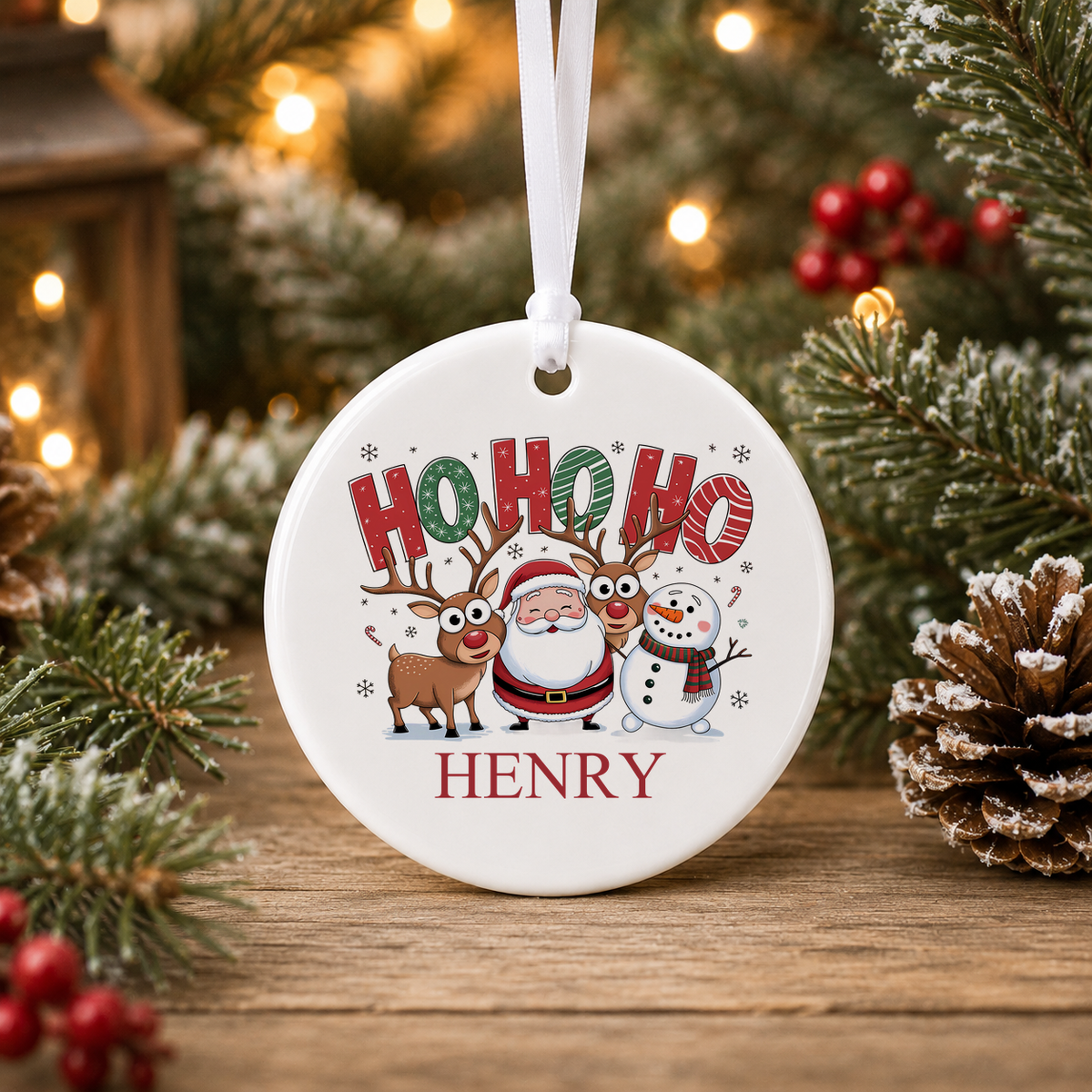 Personalised Ho Ho Ho Christmas bauble with a custom name