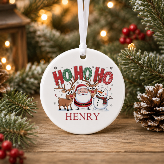 Personalised Ho Ho Ho Christmas bauble with a custom name