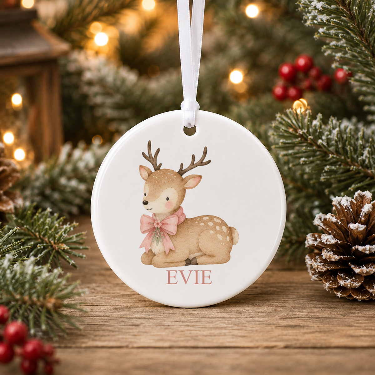 Personalised Sweet Fawn Christmas bauble with a custom name