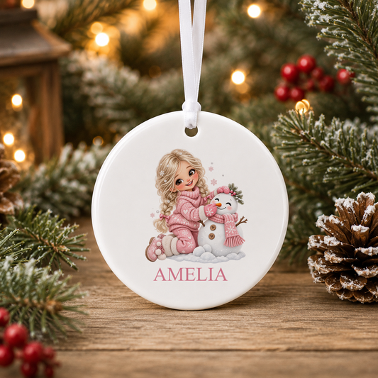 Personalised Blonde Girl and Snowman Christmas bauble with a custom name