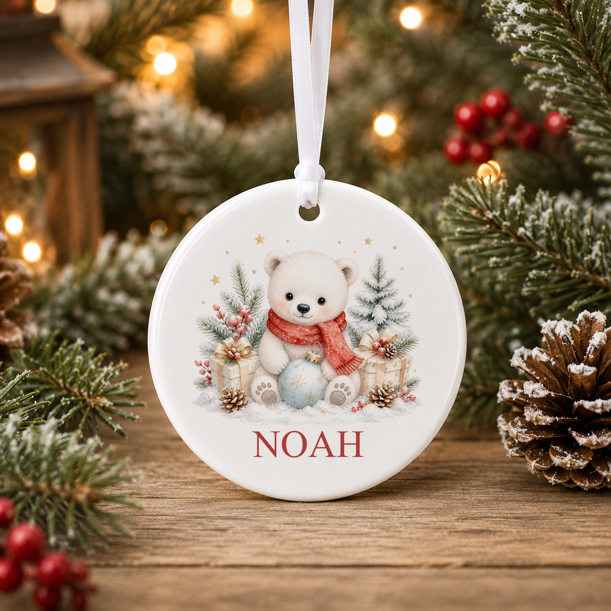 Personalised Polar Bear in Red Scarf Christmas bauble with a custom name