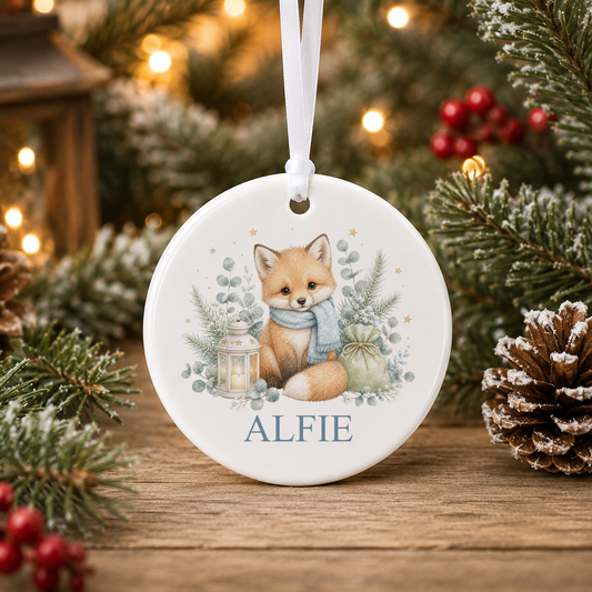 Personalised Winter Fox Christmas bauble with a custom name