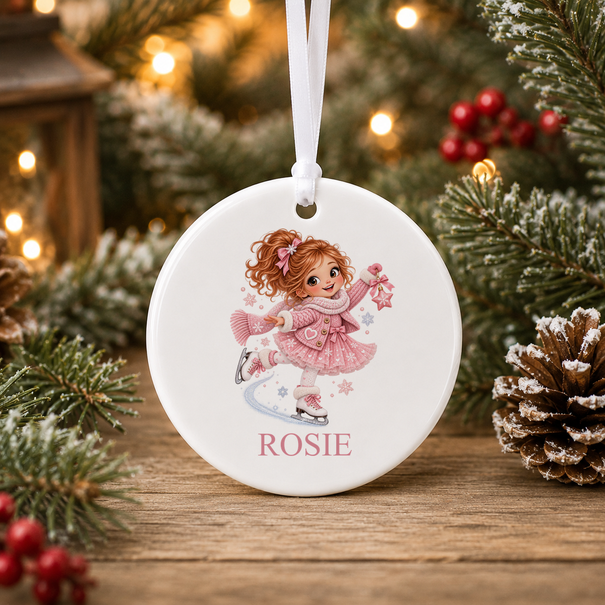 Personalised Ice Skating Girl Christmas bauble with a custom name