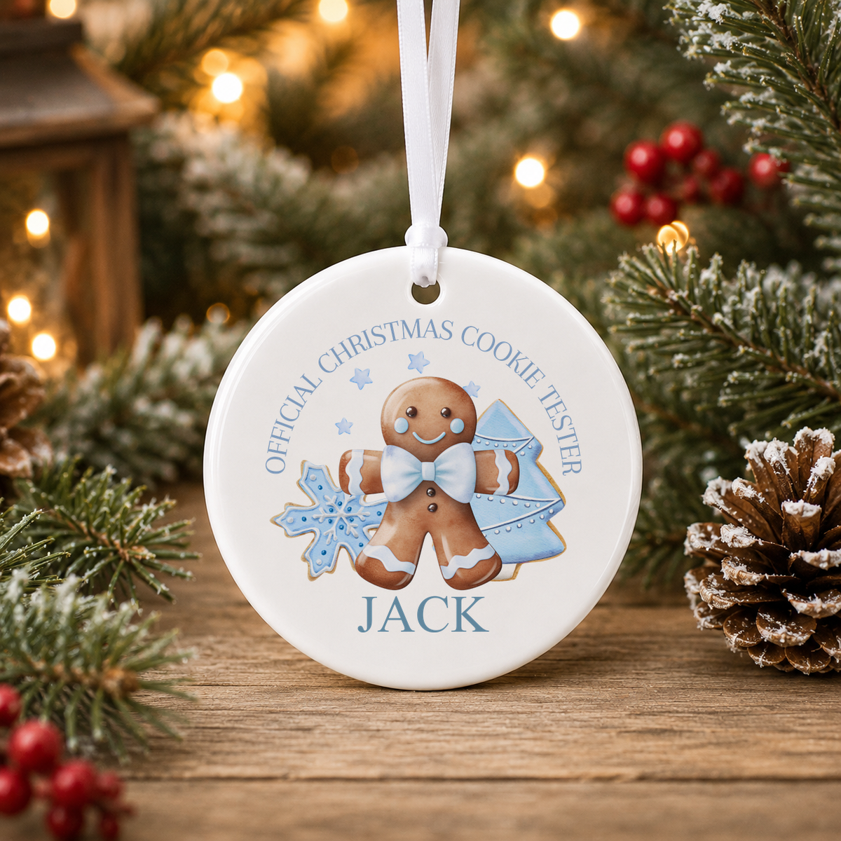 Personalised Blue Cookie Tester Christmas bauble with a custom name