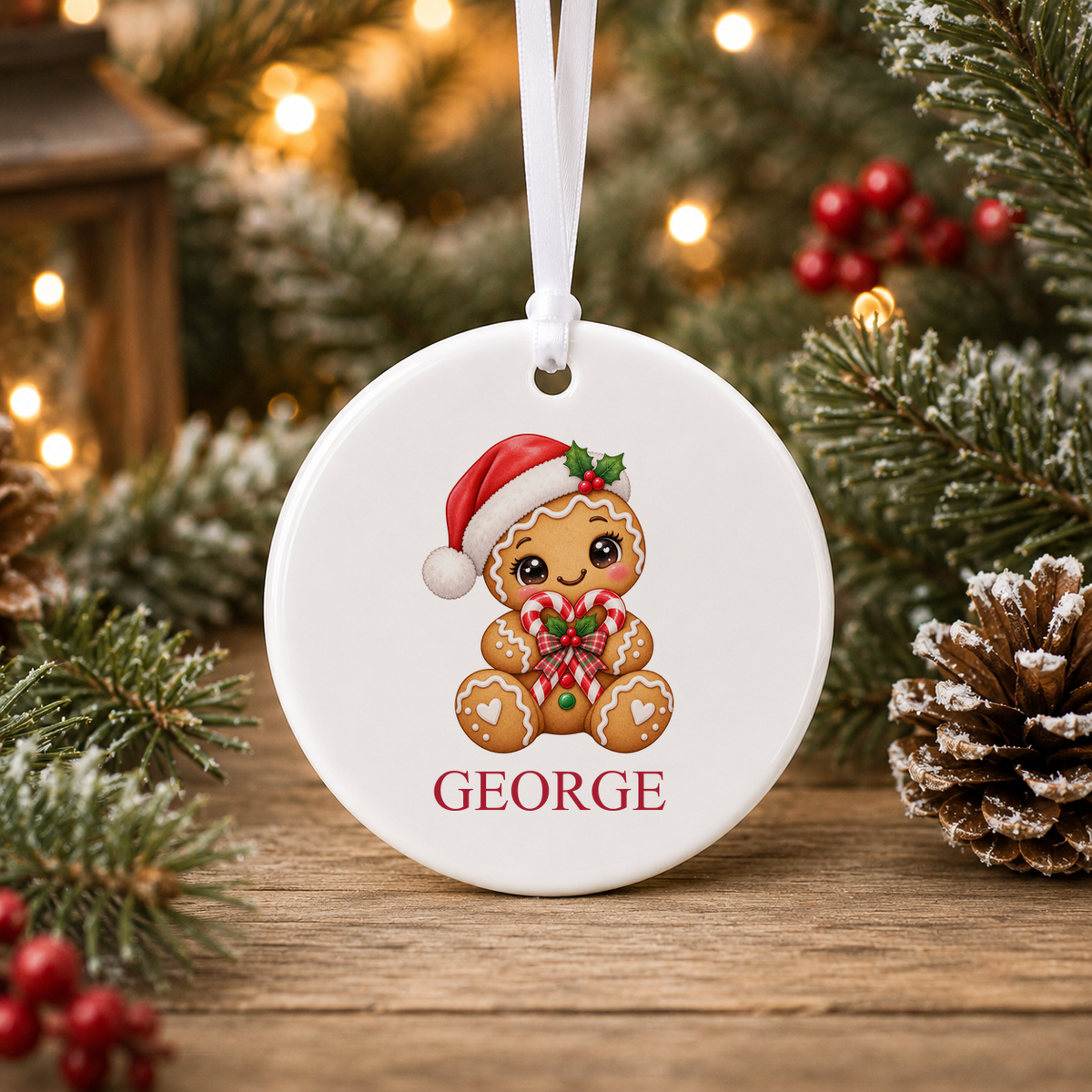 Personalised Gingerbread Candy Cane Heart Christmas bauble with a custom name