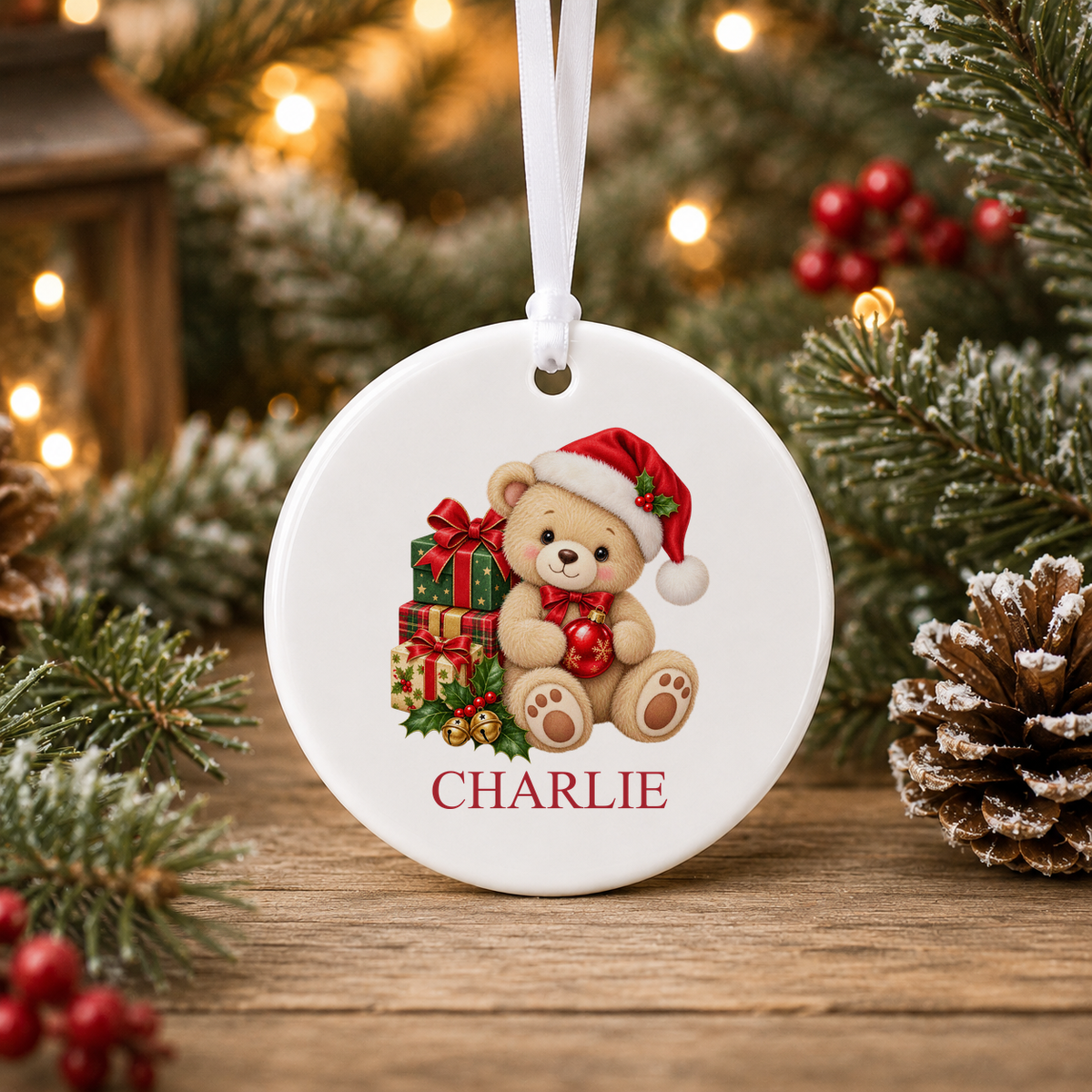 Personalised Teddy with Presents Christmas bauble with a custom name