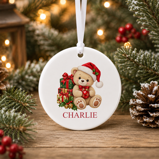 Personalised Teddy with Presents Christmas bauble with a custom name