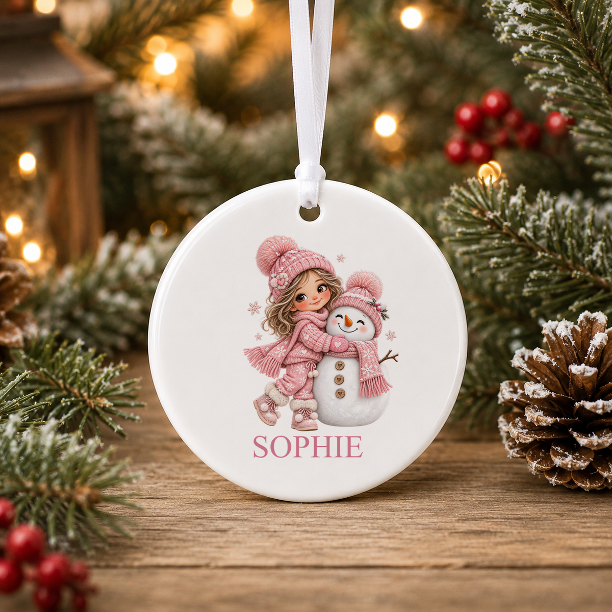 Personalised Brunette Girl and Snowman Christmas bauble with a custom name