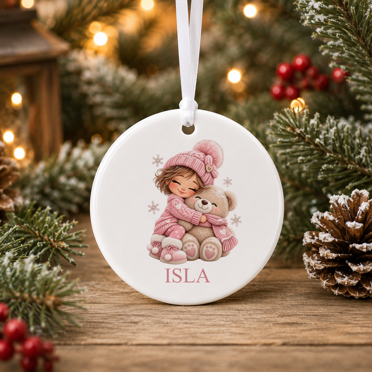 Personalised Girl Hugging Teddy Christmas bauble with a custom name