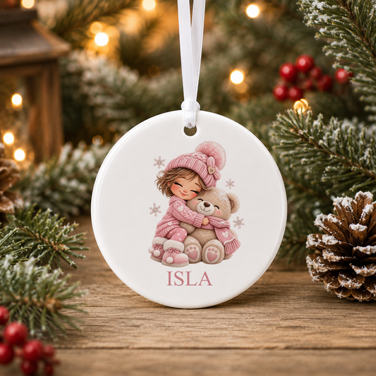 Personalised Girl Hugging Teddy Christmas bauble with a custom name