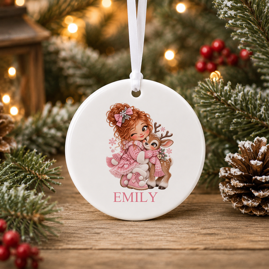 Personalised Girl Hugging Reindeer Christmas bauble with a custom name