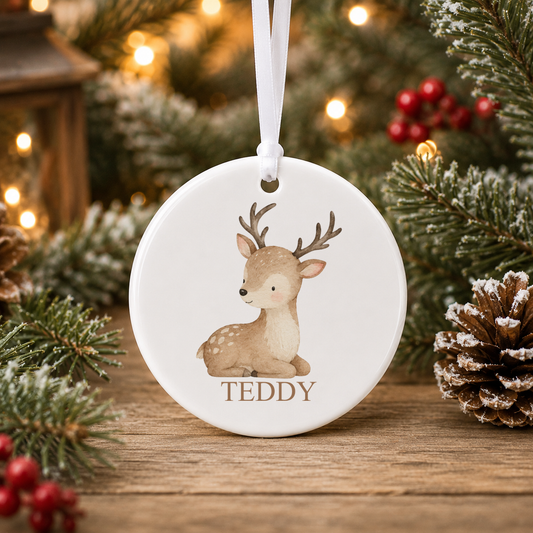 Personalised Baby Reindeer Christmas bauble with a custom name