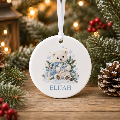 Personalised Polar Bear with Present Christmas bauble with a custom name