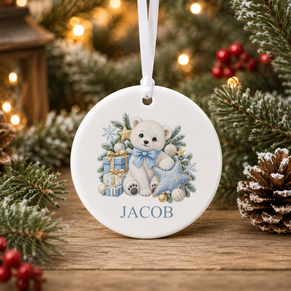 Personalised Polar Bear Blue Bow Christmas bauble with a custom name