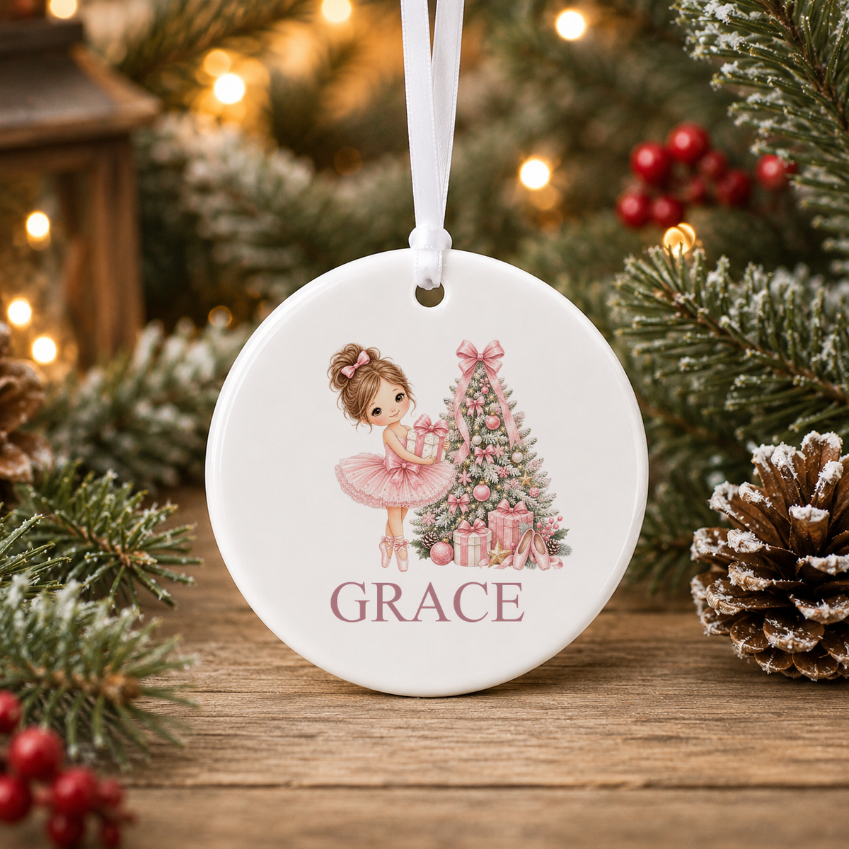 Personalised Pink Tree Ballerina Christmas bauble with a custom name