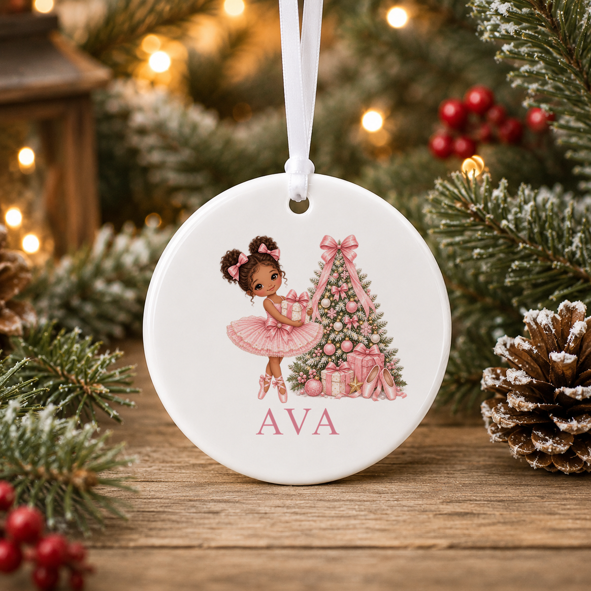 Personalised Curly Bun Ballerina Christmas bauble with a custom name