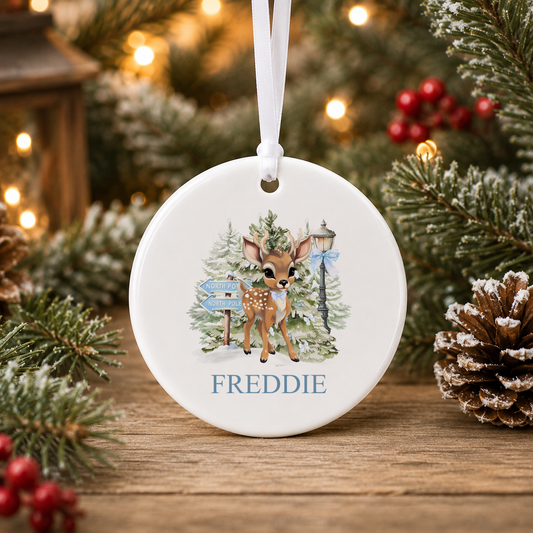 Personalised North Pole Fawn Blue Bow Christmas bauble with a custom name