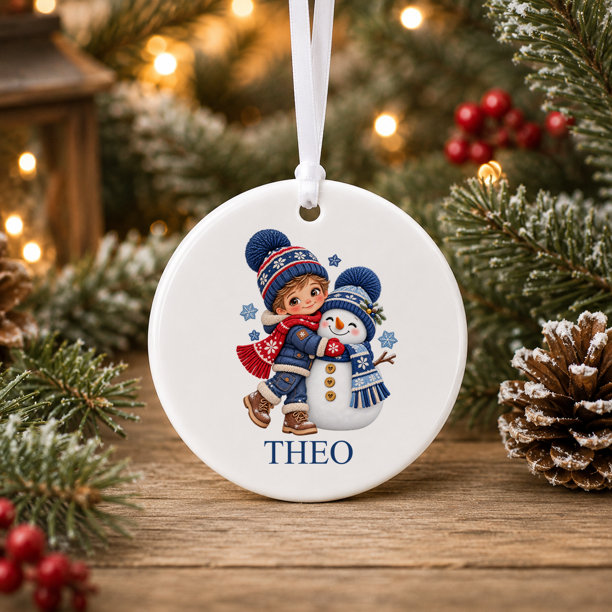 Personalised Boy Hugging Snowman Christmas bauble with a custom name