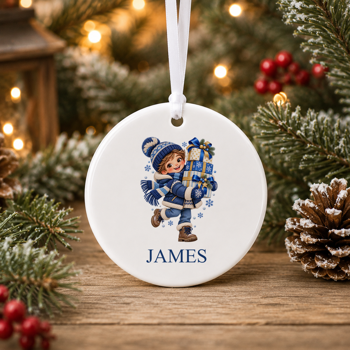 Personalised Boy with Presents Christmas bauble with a custom name