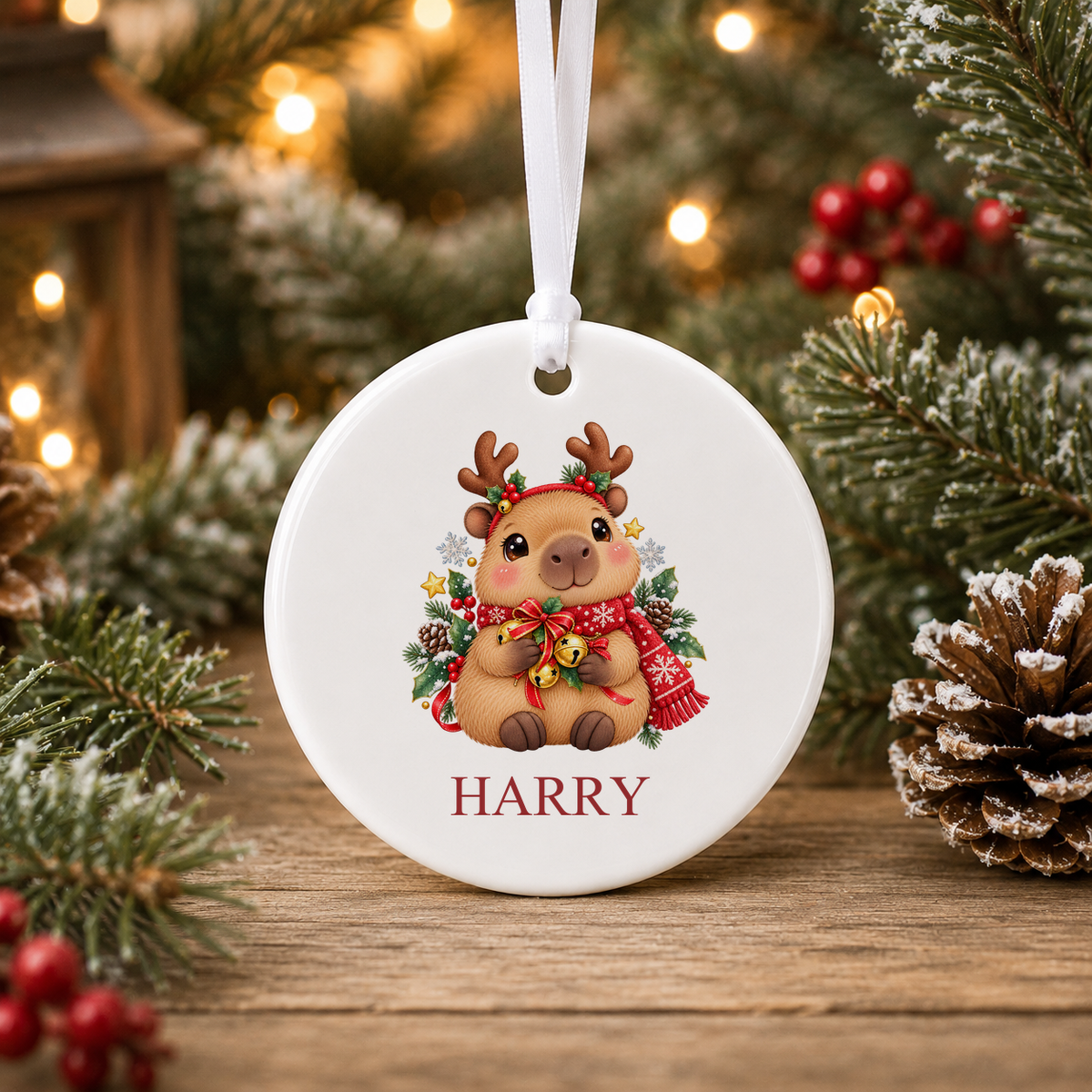 Personalised Capybara Reindeer Christmas bauble with a custom name